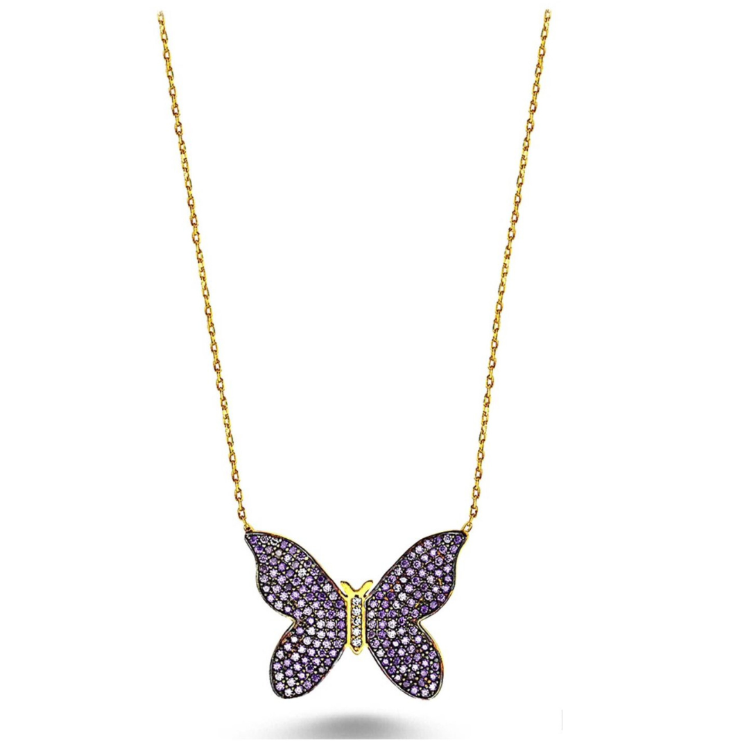 Purple Zirconia Studded Butterfly Pendent with Chain Gold Platted