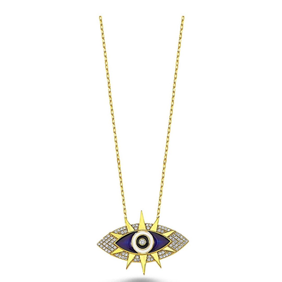 Zirconia with blue Enamel evil eye pendent with chain Gold Plated