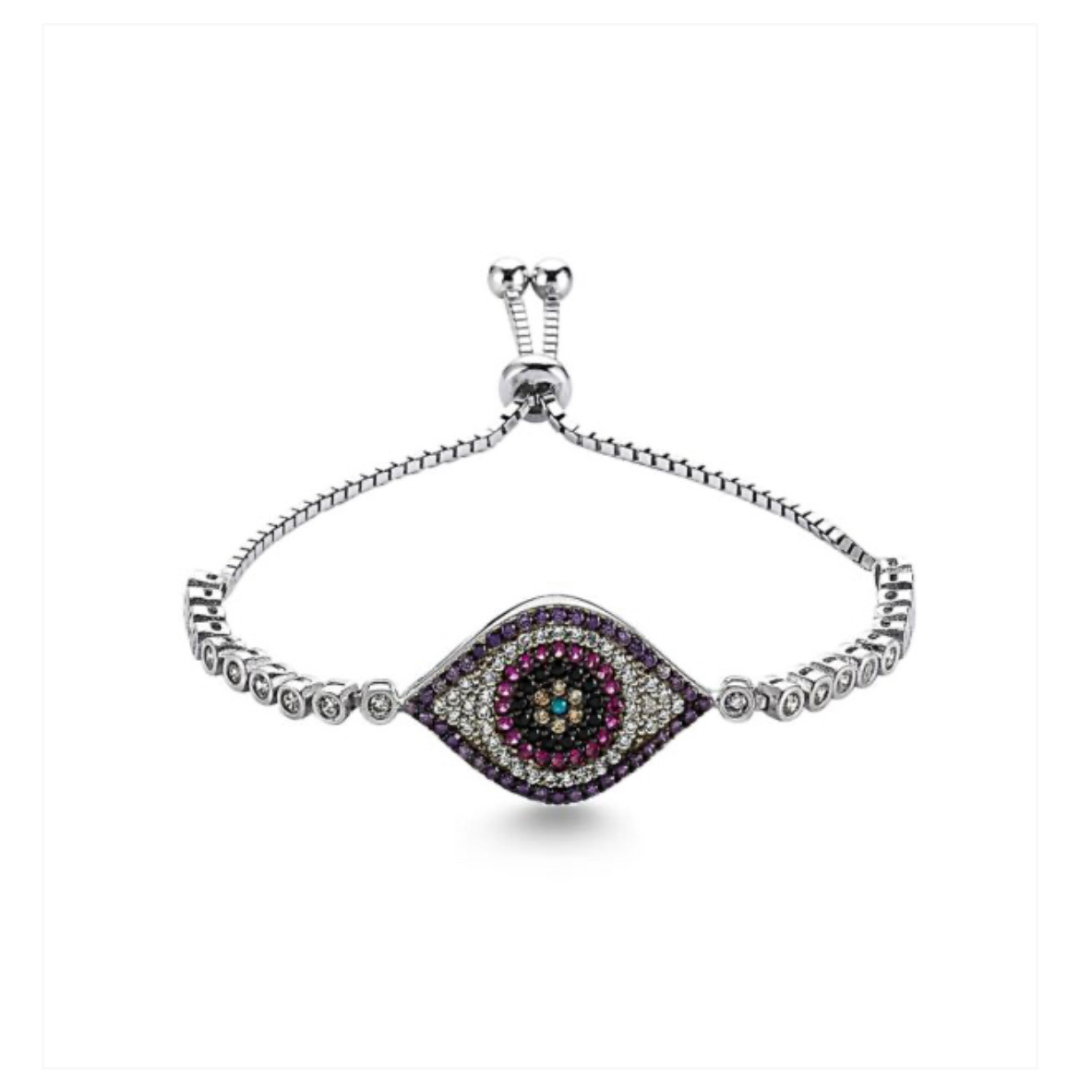 Dark Purple Zircornia Adjustable Evil Eye Bracelet with Rodium Plating