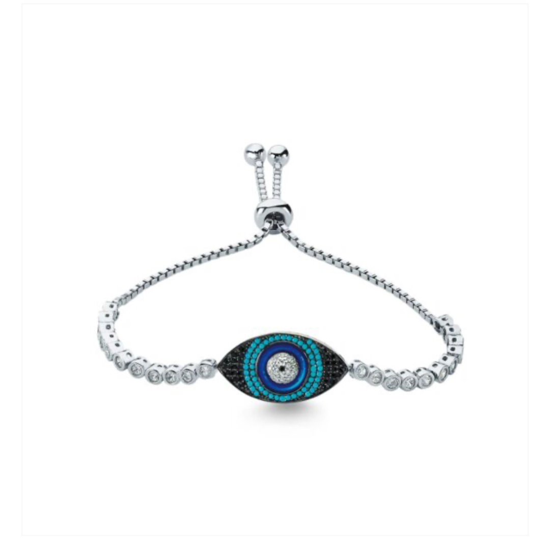 Blue and Black Beaded Zircornia Bracelet with Rodium