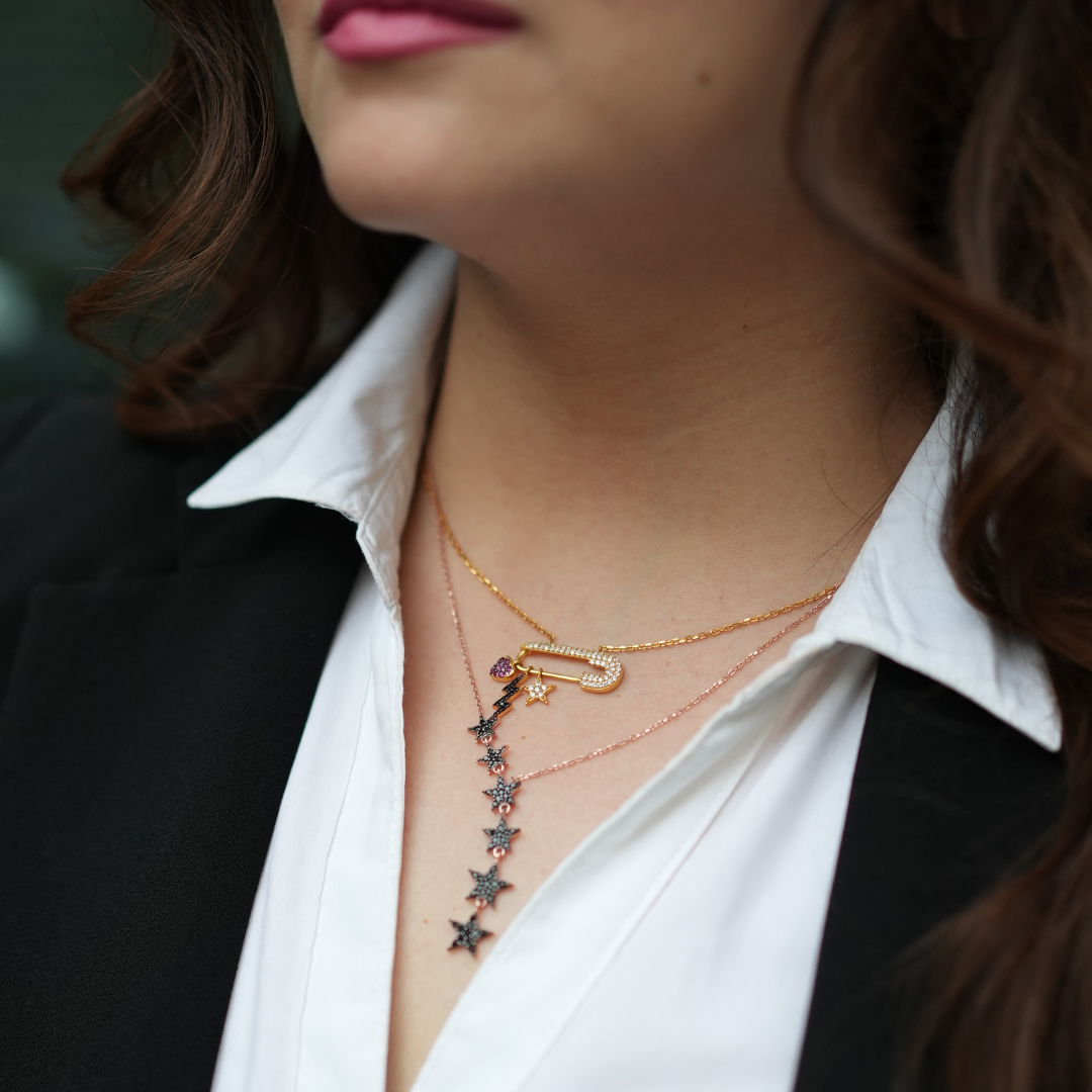 Black Beaded Star Necklace With Gold Plating