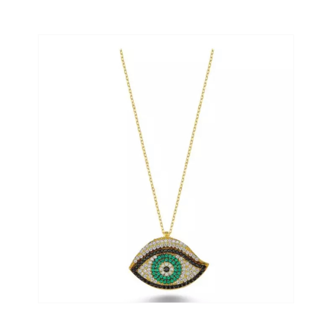 Green and Gold Zirconia Turkish Eye Pendent with Gold Plated