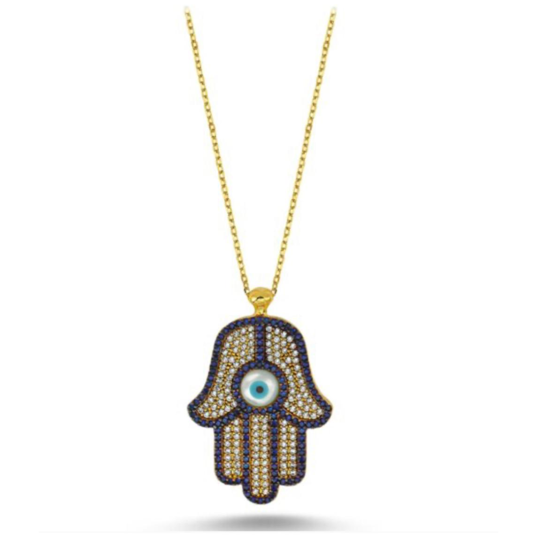 Blue and White zirconia Hamsa Pendant with Chain Gold Plated