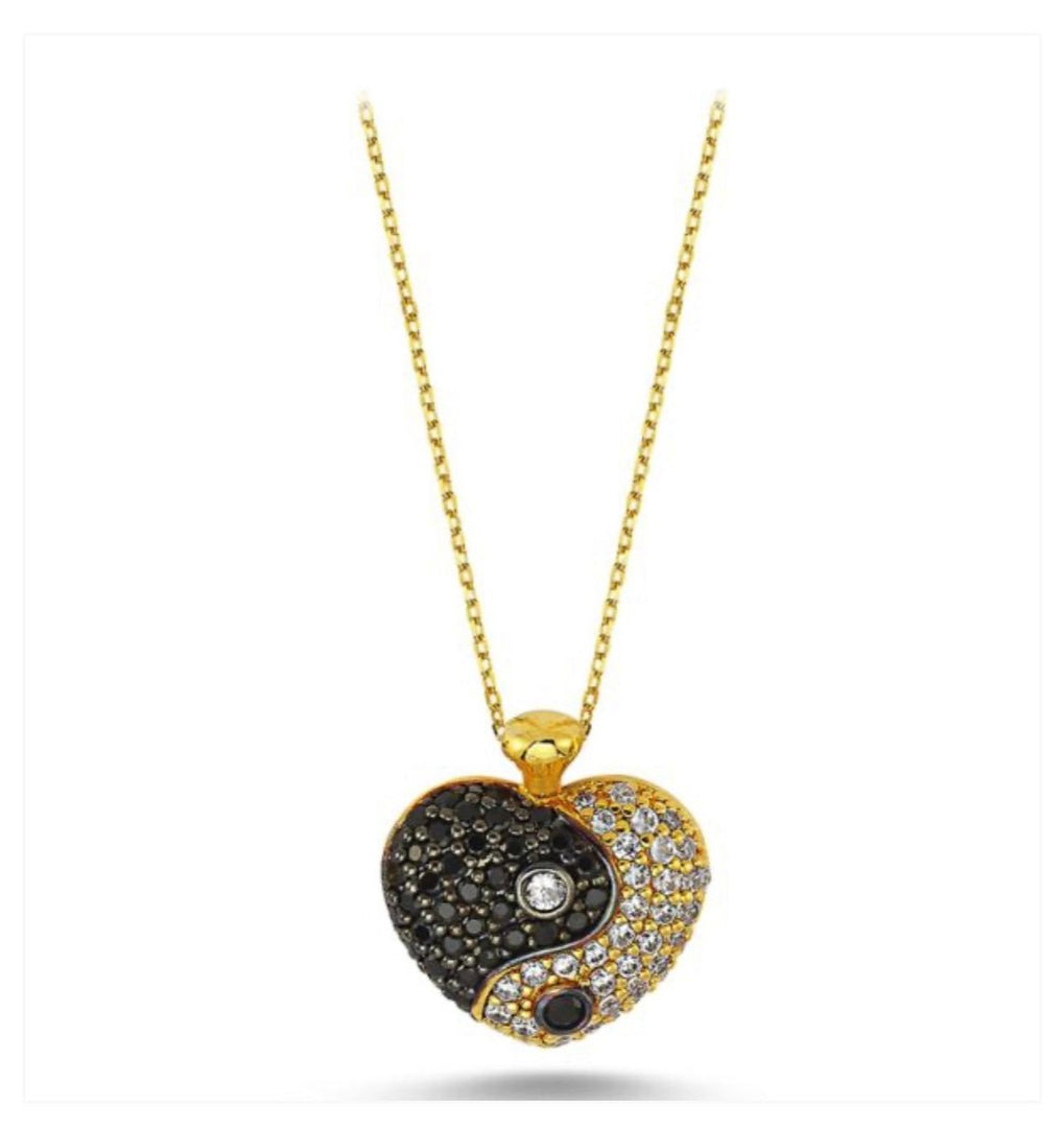 Ying - Yang Black and White Zirconia Heart Pendant with chain Gold Plated