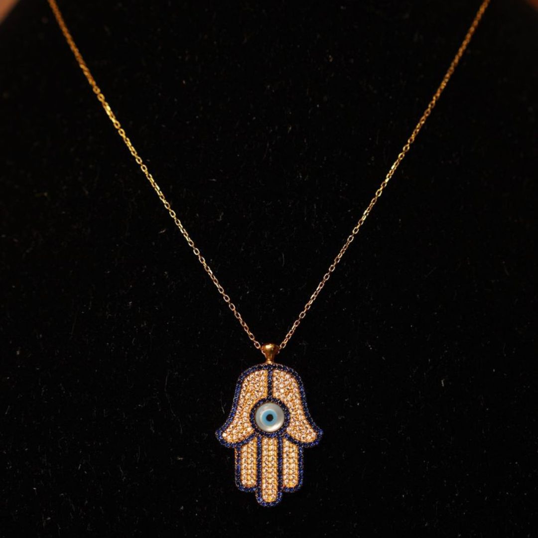 Blue and White zirconia Hamsa Pendant with Chain Gold Plated